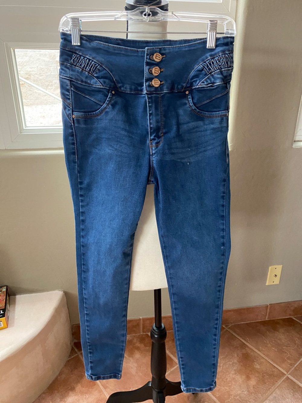 High-Rise Dark Blue Girls Jeggings with Button Waist